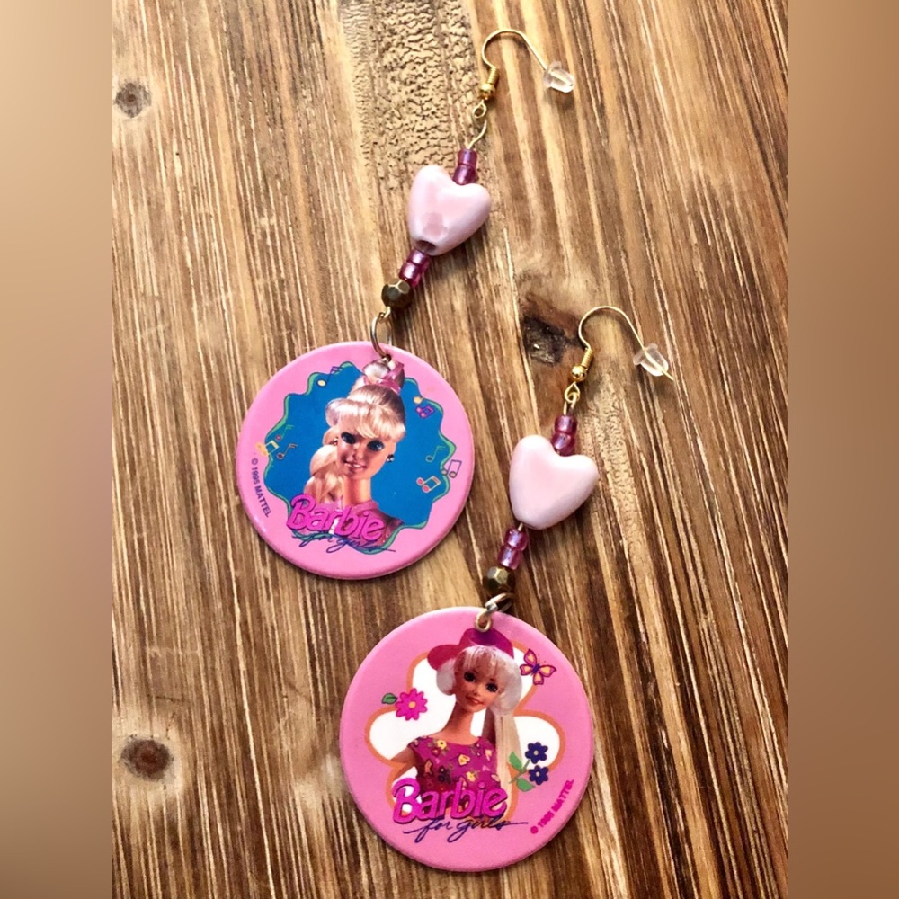 Unique Handcrafted Vintage 90s Barbie 4” Beaded Dangle Pog Earrings - RARE!